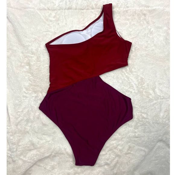 SweatyRocks RED Color Block One Shoulder Cutout 1pc Monokini Swimsuit SZ M: NWOT - Picture 8 of 11